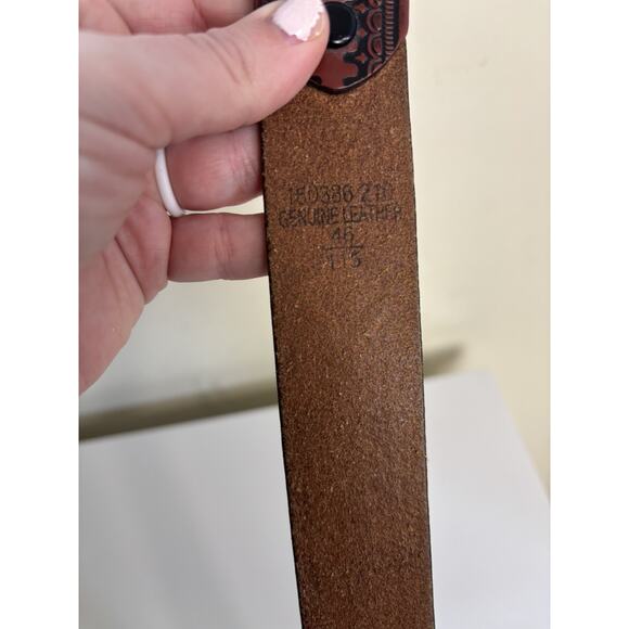 Men’s Brown Hand Tooled Leather Belt Size 46 Gold Buckle Western Rodeo - Picture 5 of 9